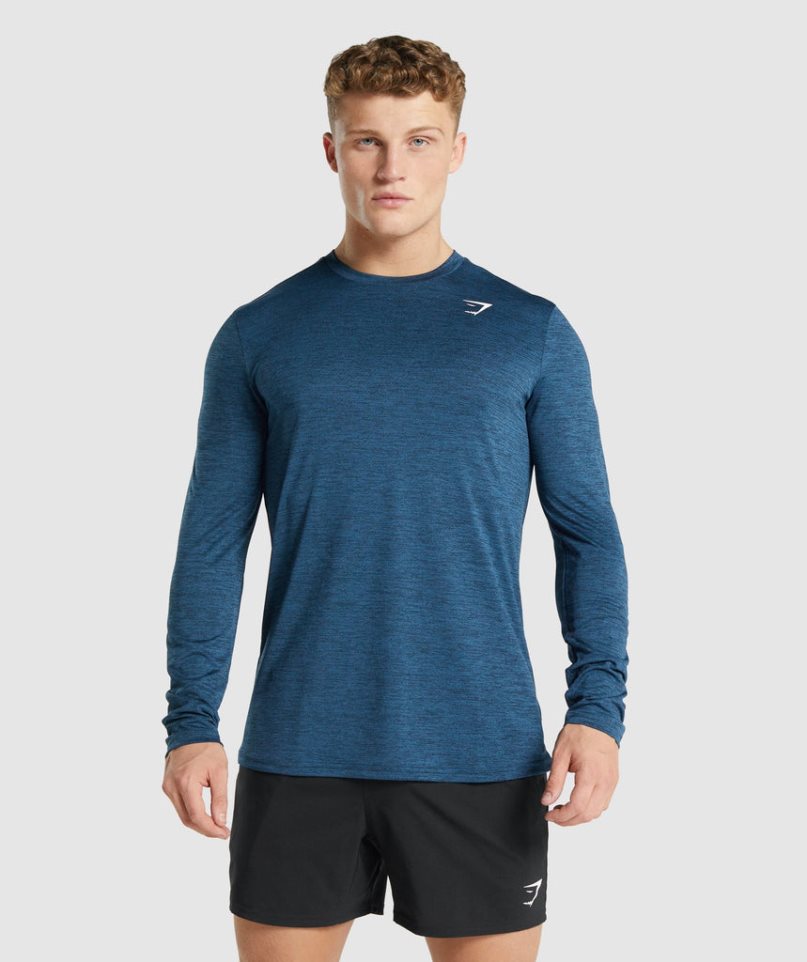 Men\'s Gymshark Arrival Marl Long Sleeve T-Shirts Navy | CA D6A830